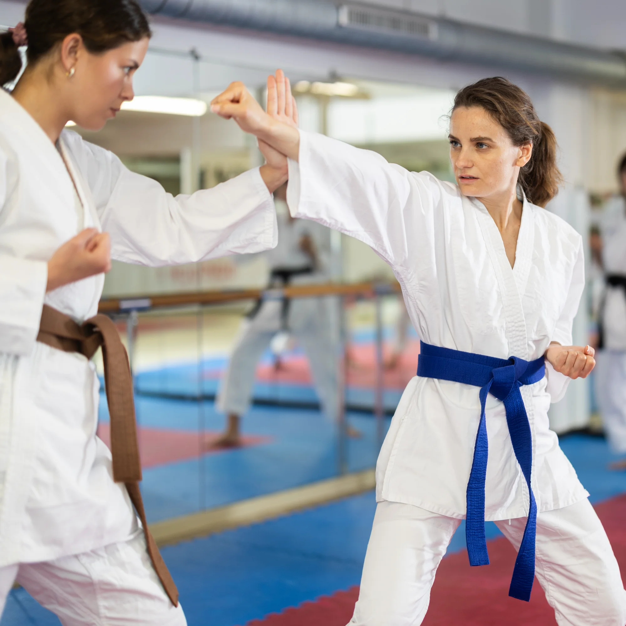 Two focused women in white gis practice karate sparring. The woman with the blue belt executes a block against the brown belt opponent.