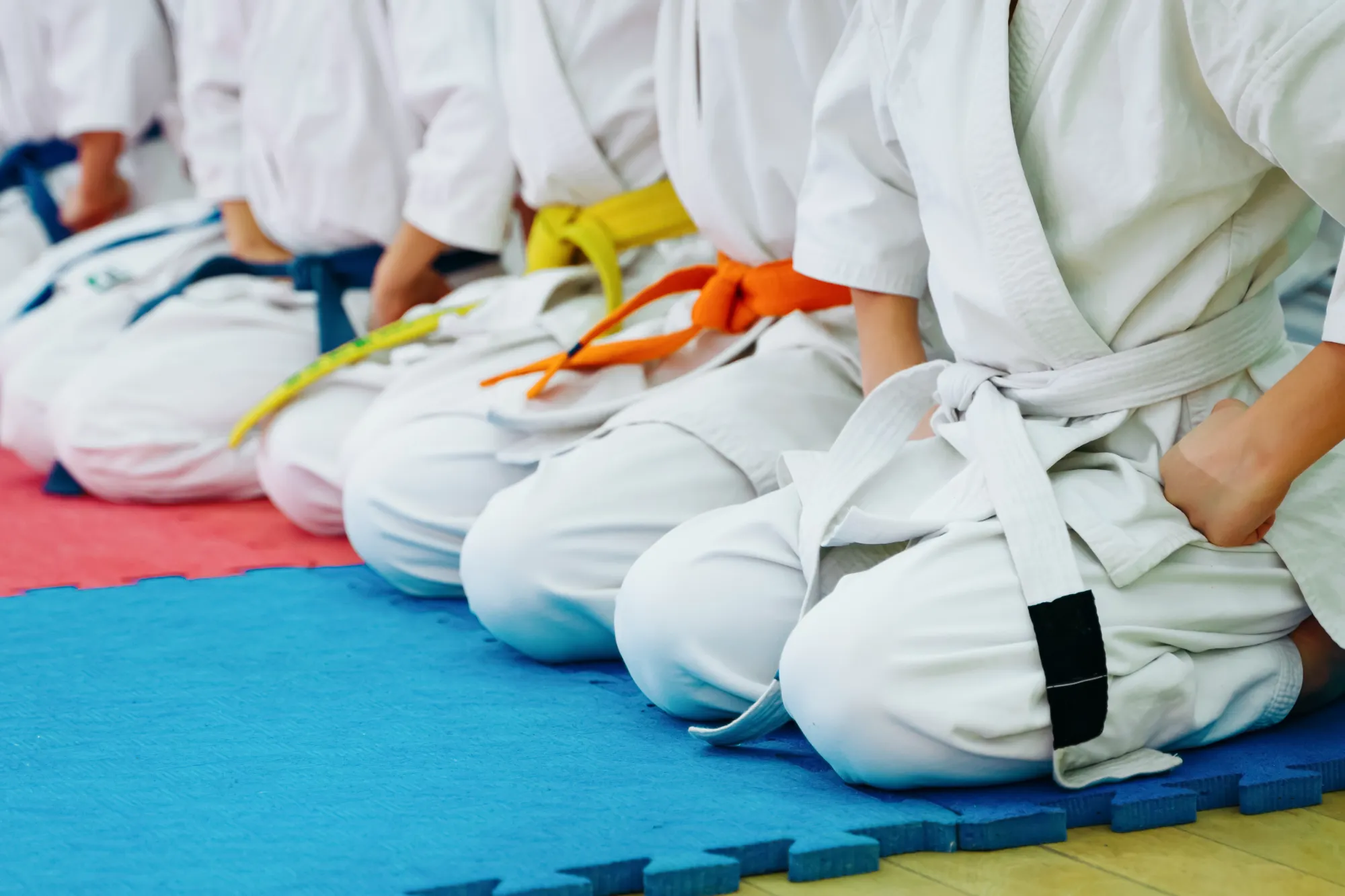 Students in white martial arts gis with belts of various ranks (blue, yellow, orange, white) kneel in a line on interlocking blue and red foam mats.