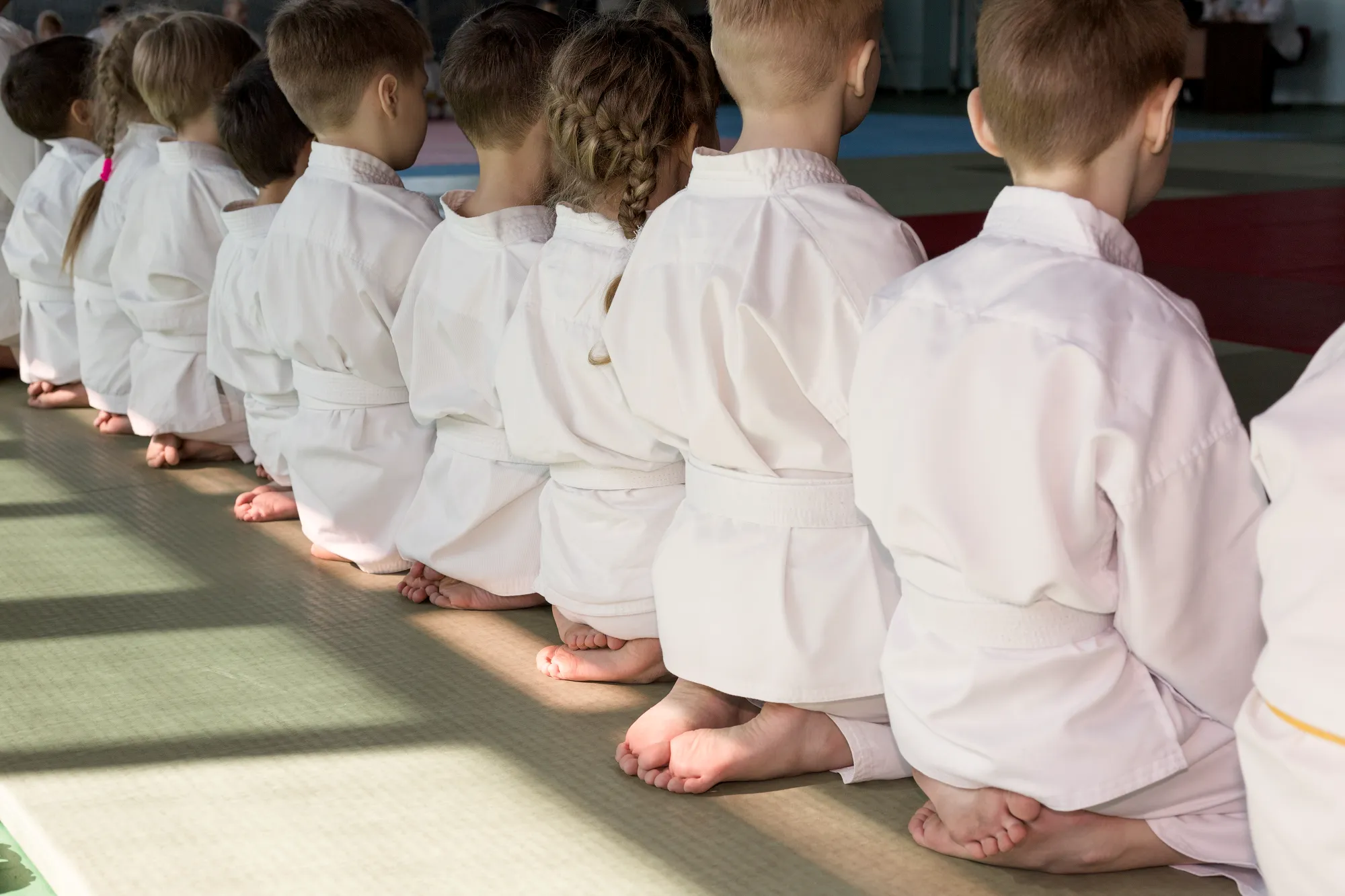 A row of young karate students in white uniforms kneel in a disciplined line on a green martial arts mat, seen from the back.