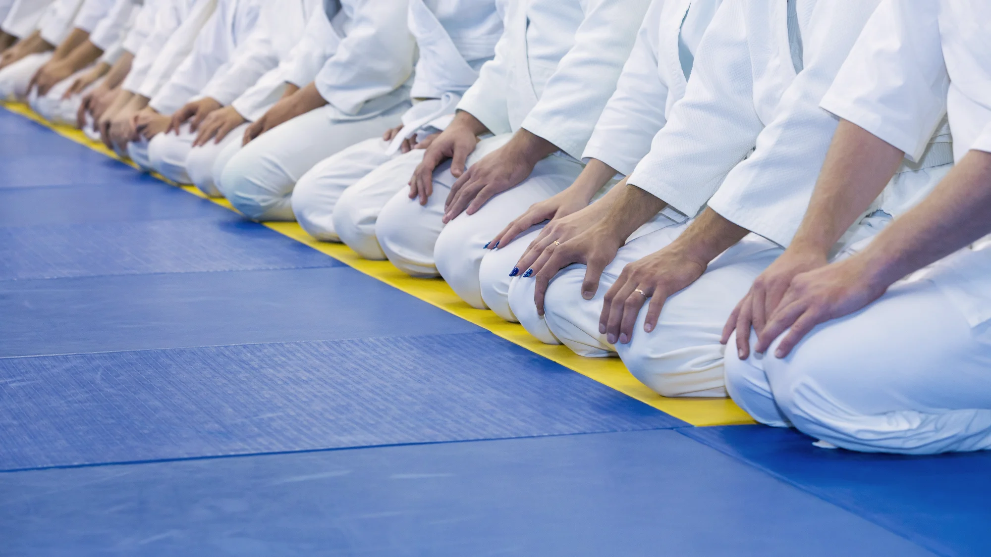Students in white karate uniforms kneel in a formal line on a blue and yellow mat, with their hands resting on their knees.